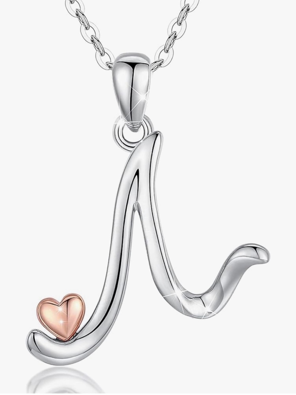 Silver Initial 'N’ Necklace with Rose Gold Heart Accent